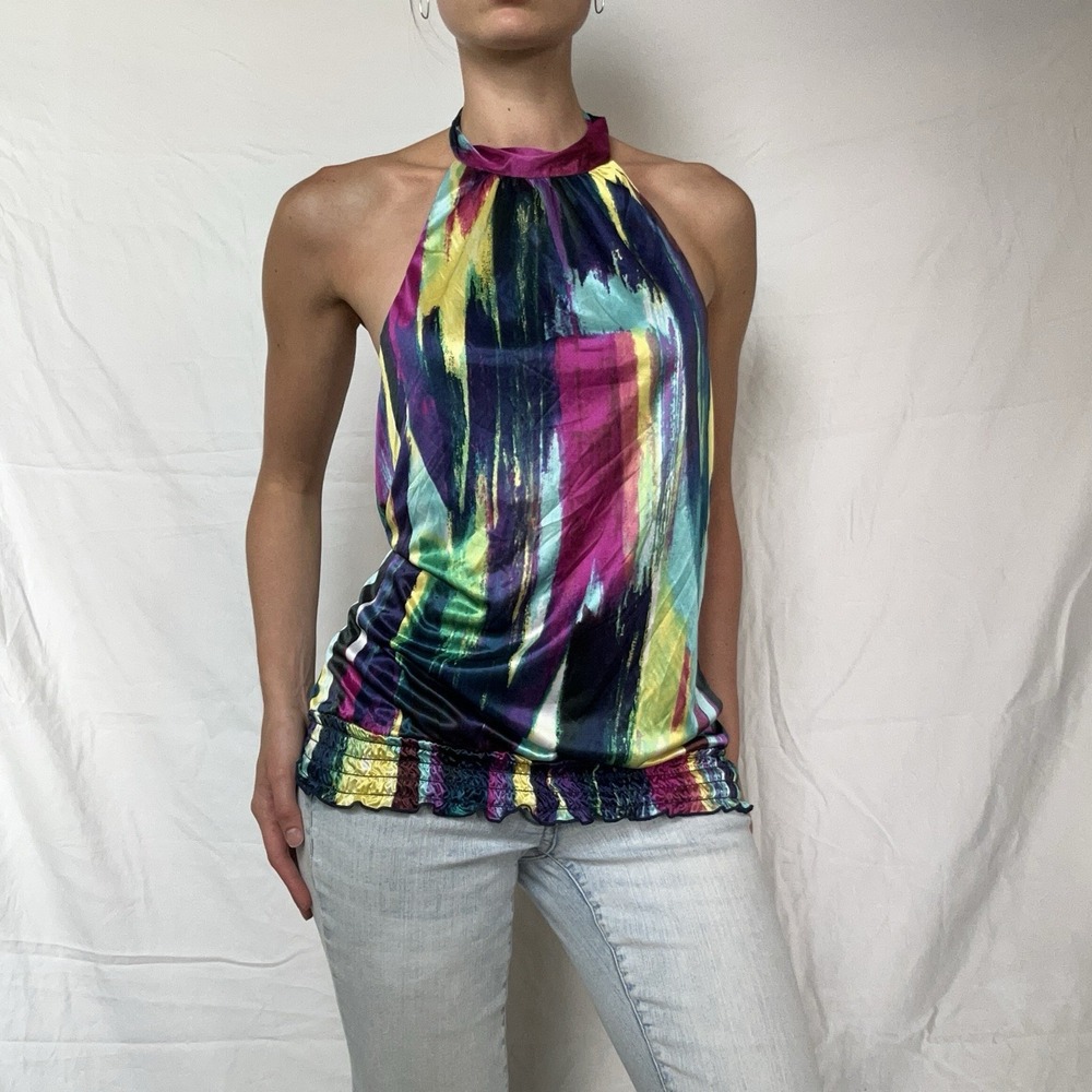 Y2K A. Byer Colorful Satin Halter Top 2000s Indie Sleaze Club